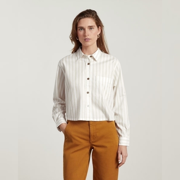 Everlane Shirt Womens Striped Button Up Silky Cotton Way Short Crop Sand - Picture 1 of 15